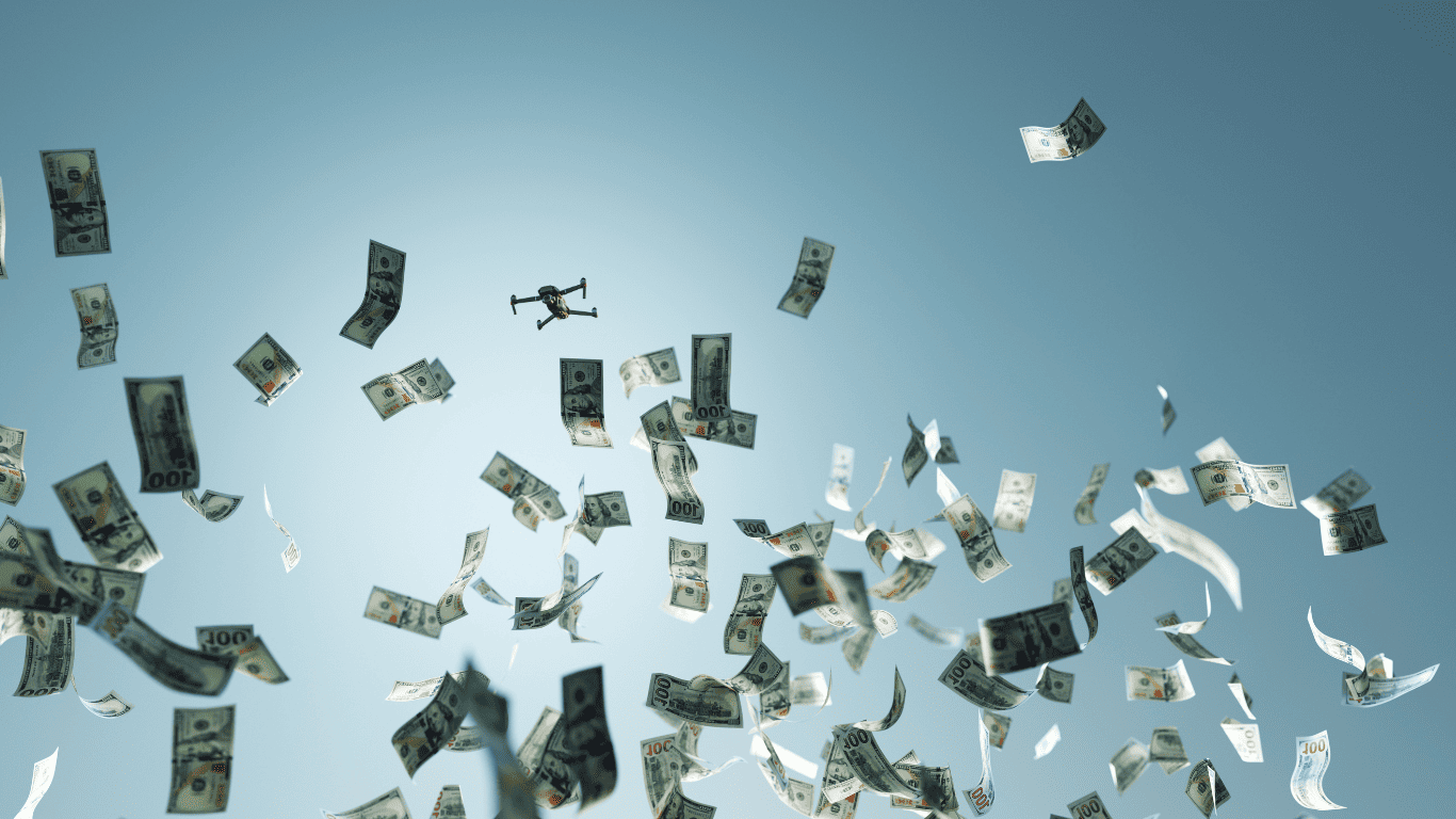 Money falling from the sky via drone
