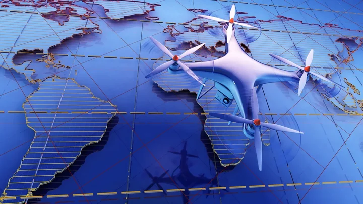 Drone flying over earth tech style