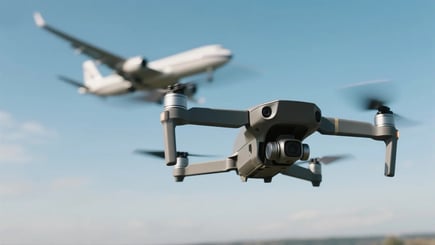 airplane and drone flying next to each other