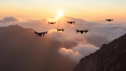 Drones flying over a landscape (AI generated)