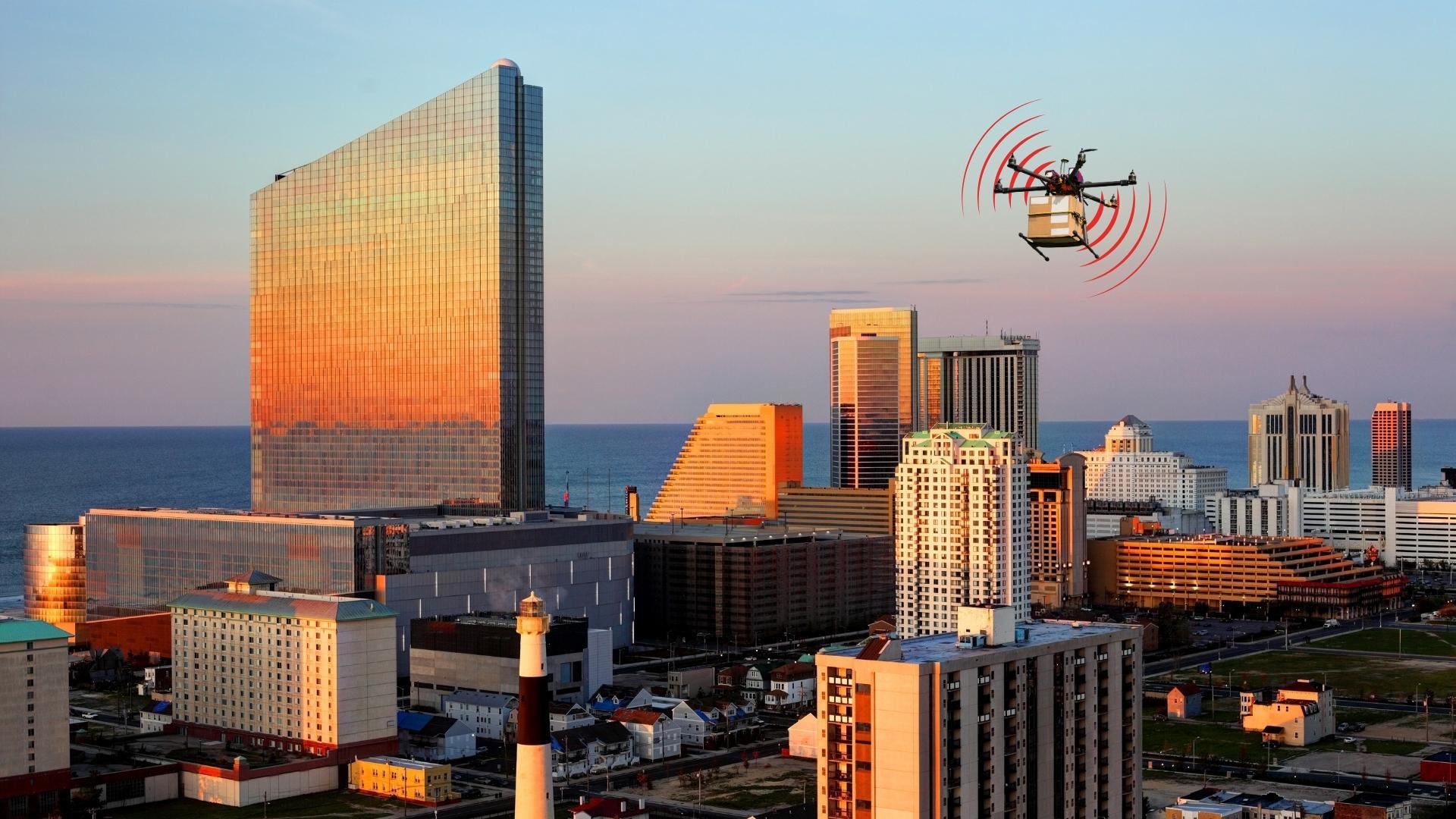 New Jersey Skyline with detected drone flying