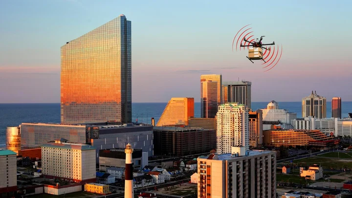 New Jersey Skyline with detected drone flying