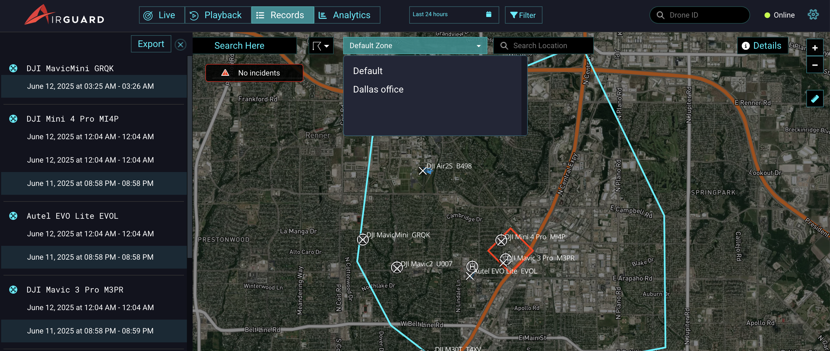 AirGuard Drone Detection Platform showing Alert Zones