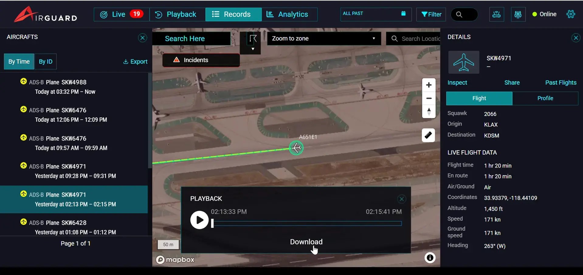 screenshot ADS-B - playback page