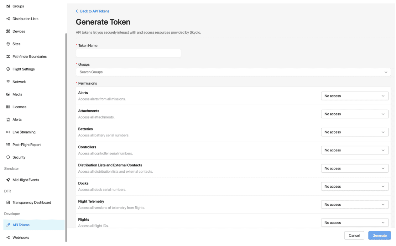Skydio Cloud Generate Token screen with Markers permission set to read and write