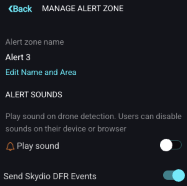 Manage Alert Zone panel with Send Skydio DFR Events toggle switched on