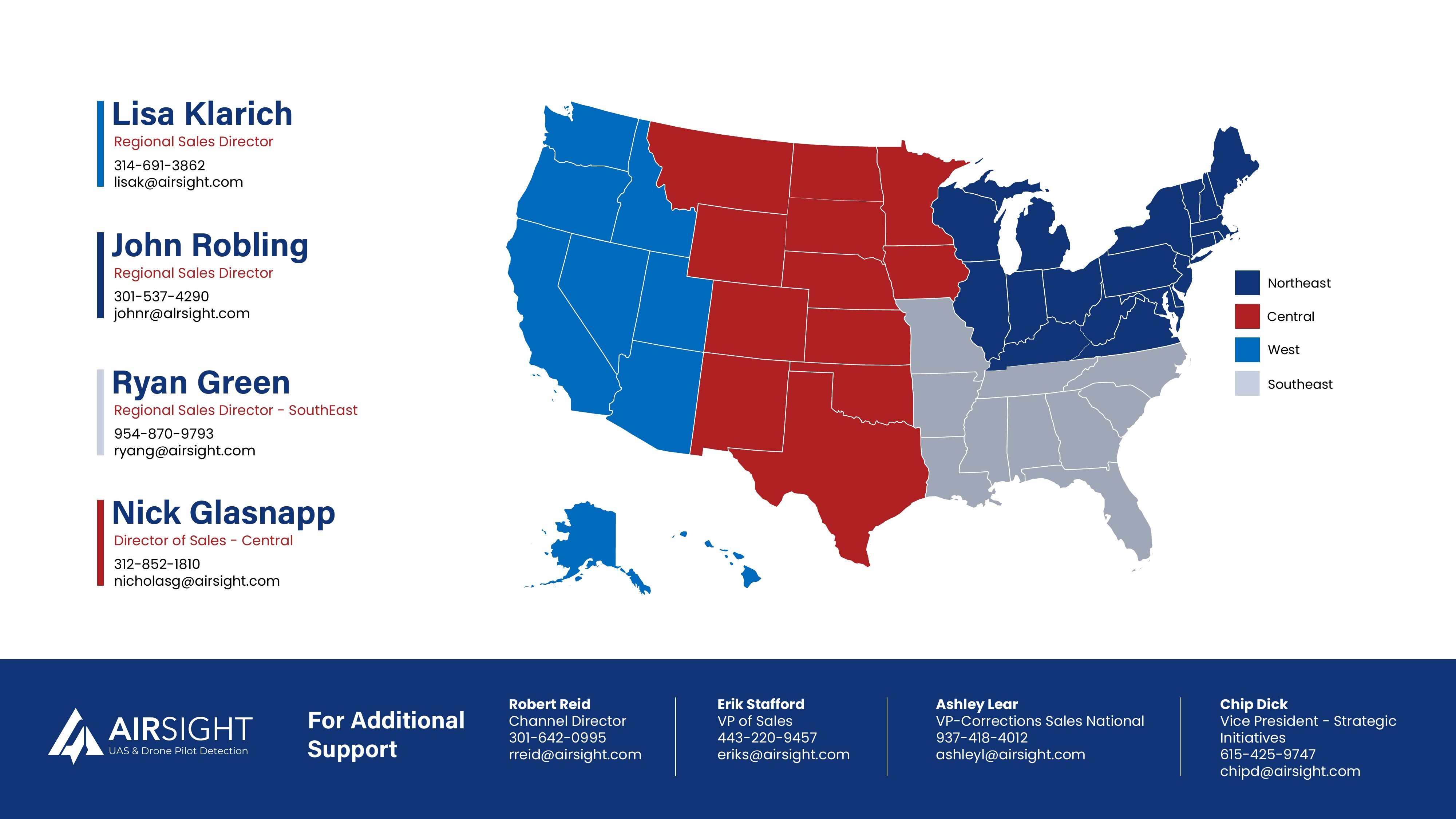 Airsight Territory Map — regional sales representatives across the United States
