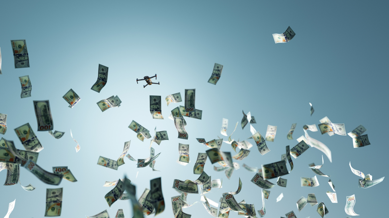 Money falling from the sky via drone