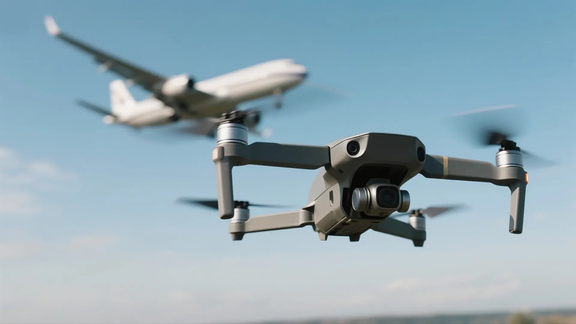 airplane and drone flying next to each other