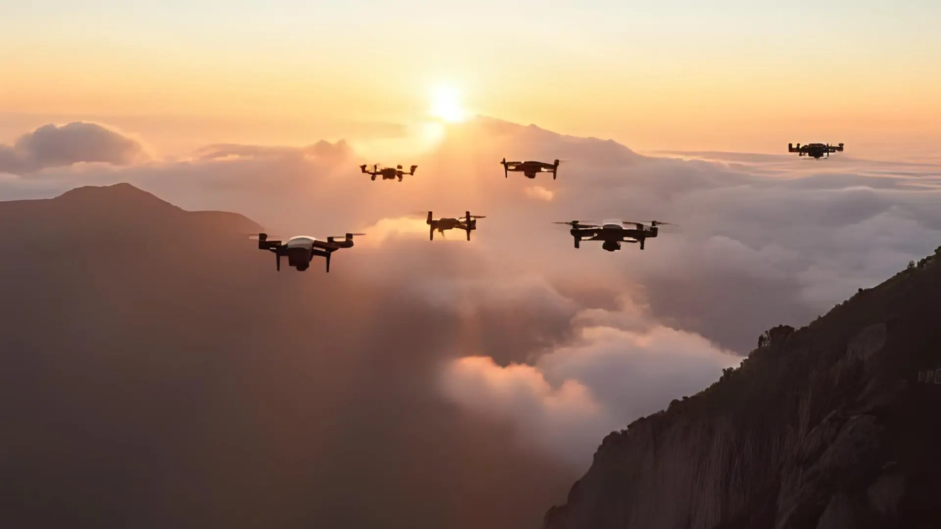 Drones flying over a landscape (AI generated)