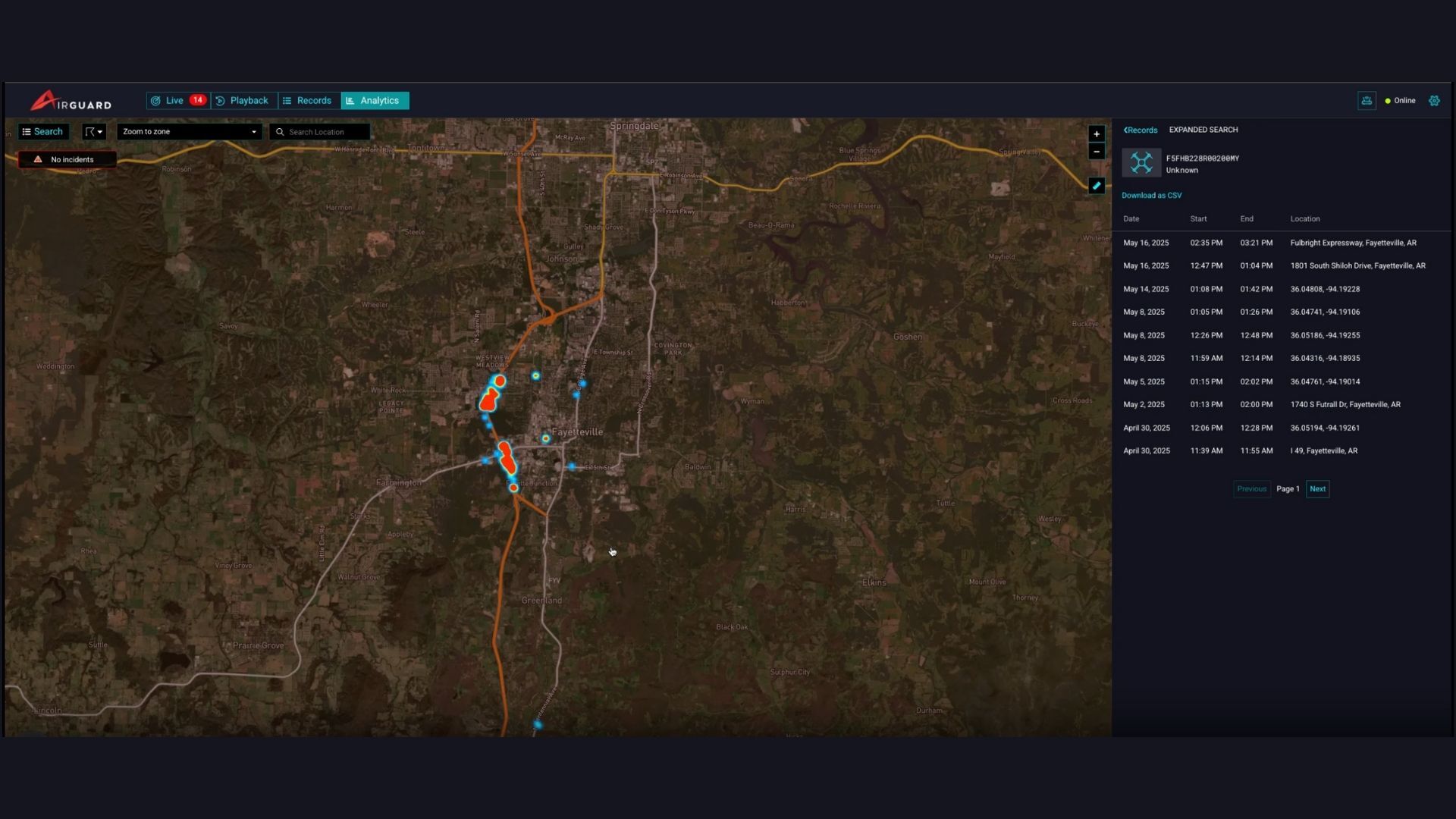 Screenshot from AirGuard drone detection software showing heatmap
