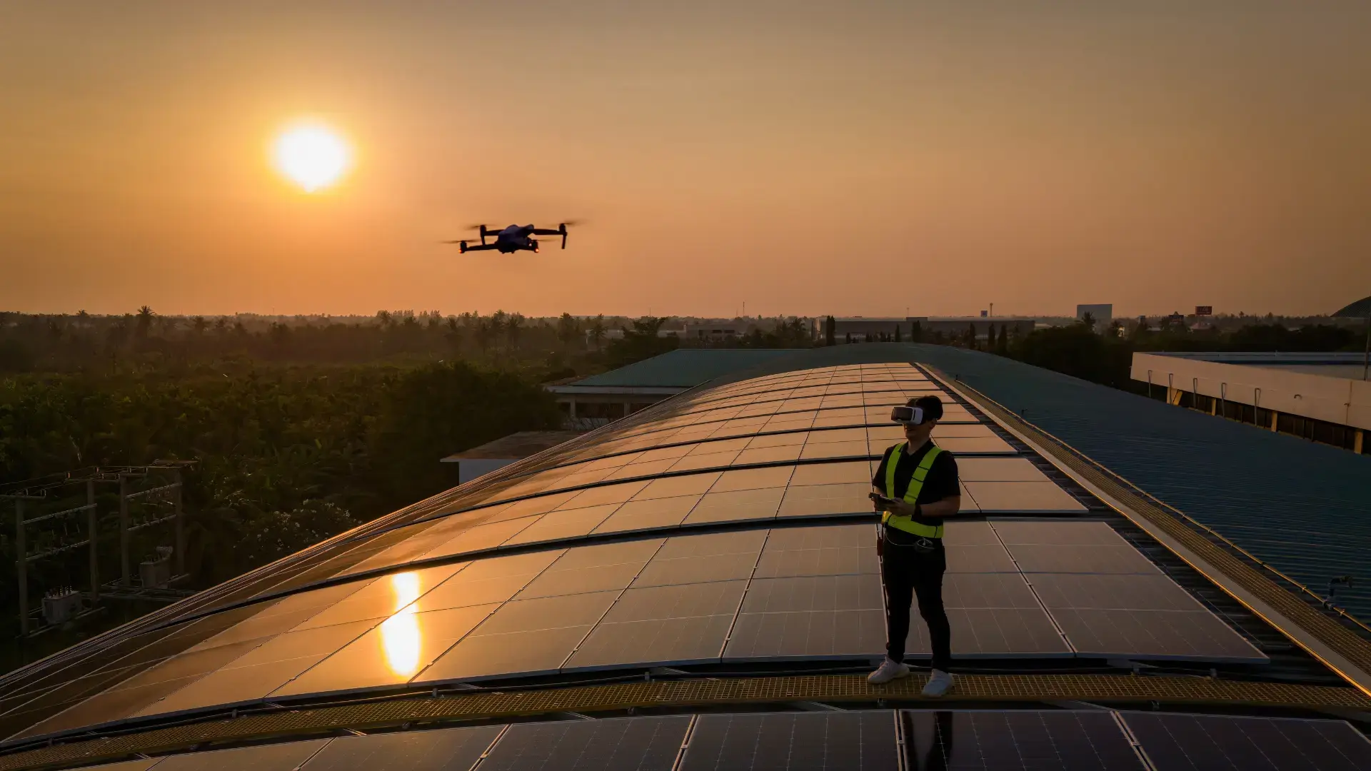 Stock photo of drone and solar panels